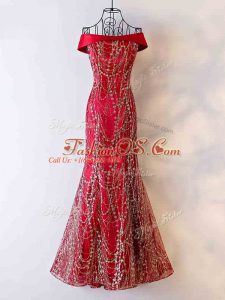 Wine Red Mermaid Chiffon Off The Shoulder Sleeveless Beading Floor Length Lace Up Evening Dress