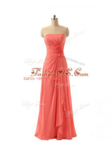 Watermelon Red Sleeveless Floor Length Hand Made Flower Zipper Bridesmaid Gown