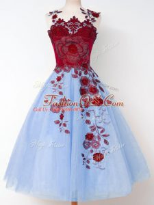 Sleeveless Knee Length Appliques Lace Up Bridesmaids Dress with Blue