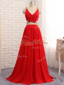 Luxurious Red Party Dress for Girls Chiffon Brush Train Sleeveless Beading