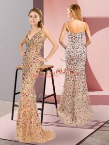 Fashionable Straps Sleeveless Homecoming Dress Brush Train Beading Champagne Tulle