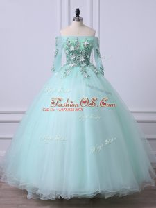 Hot Sale Apple Green Off The Shoulder Lace Up Beading Sweet 16 Quinceanera Dress 3 4 Length Sleeve