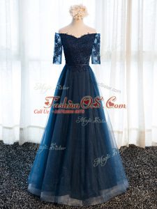 Tulle V-neck Half Sleeves Lace Up Beading and Lace and Appliques Mother Of The Bride Dress in Navy Blue