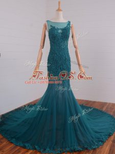 Customized Court Train Mermaid Celebrity Dress Teal Scoop Tulle Sleeveless Zipper