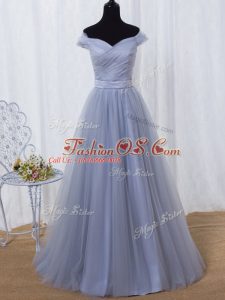 Lavender Lace Up Off The Shoulder Ruching and Belt Prom Dresses Tulle Sleeveless