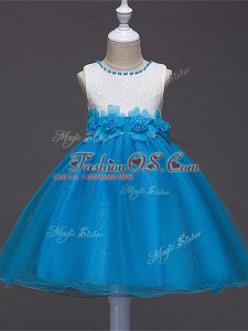 Customized Baby Blue Ball Gowns Scoop Sleeveless Tulle Knee Length Zipper Lace and Hand Made Flower Little Girl Pageant Gowns