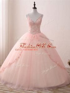 Pink Sleeveless Tulle Lace Up Quinceanera Dress for Sweet 16 and Quinceanera
