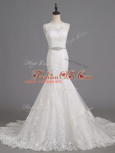 White Mermaid Beading and Lace Wedding Dresses Lace Up Tulle Sleeveless