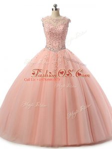 Pretty Peach Lace Up Scoop Beading and Lace Quinceanera Dress Tulle Sleeveless