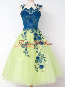 Straps Sleeveless Bridesmaid Dresses Knee Length Appliques Yellow Green Tulle