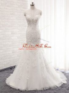 Inexpensive White V-neck Clasp Handle Lace Wedding Dress Brush Train Sleeveless