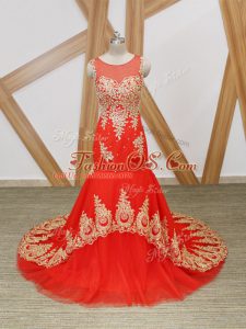 Fitting Beading and Lace and Appliques Homecoming Dress Coral Red Zipper Sleeveless Brush Train