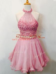 Charming Pink Sleeveless Organza Lace Up Bridesmaid Dress for Prom and Party and Wedding Party