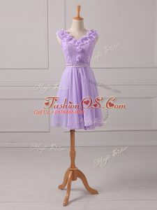 Inexpensive Mini Length Lavender Wedding Guest Dresses Chiffon Sleeveless Lace and Appliques