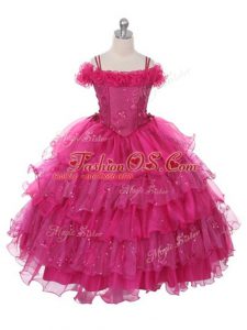 Floor Length Lace Up Little Girls Pageant Dress Fuchsia for Wedding Party with Ruffles and Ruffled Layers