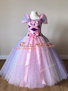 Customized Multi-color Cap Sleeves Floor Length Sequins and Bowknot Side Zipper Little Girls Pageant Dress
