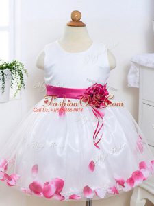 Knee Length White Kids Formal Wear Tulle Sleeveless Appliques and Hand Made Flower
