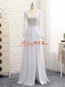 Long Sleeves Floor Length Lace and Appliques Zipper Homecoming Dress with White