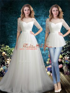 Scoop Half Sleeves Brush Train Zipper Wedding Dresses White Tulle
