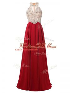 Floor Length Wine Red Prom Evening Gown Chiffon Sleeveless Beading