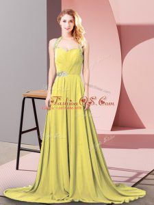 Customized Gold Empire Chiffon Halter Top Sleeveless Beading and Ruching Zipper Prom Gown Brush Train