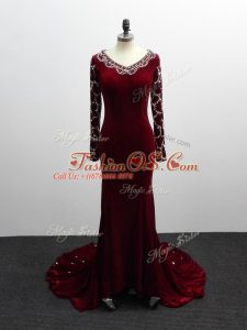 New Arrival Burgundy V-neck Zipper Beading Mother Of The Bride Dress Brush Train Long Sleeves