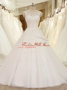 A-line Wedding Dresses White Scoop Tulle Sleeveless Lace Up