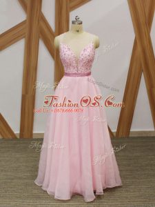 Baby Pink Prom Dresses Prom and Party and Sweet 16 with Beading and Embroidery V-neck Sleeveless Zipper