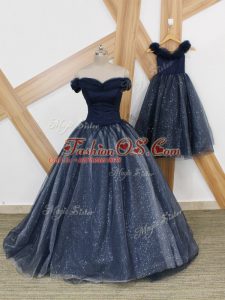 Navy Blue A-line Off The Shoulder Sleeveless Tulle Brush Train Lace Up Ruching Dress for Prom