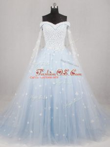 Customized A-line Sleeveless Light Blue Bridal Gown Watteau Train Lace Up