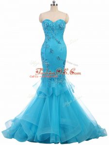 Aqua Blue Sleeveless Appliques Lace Up Celebrity Dress