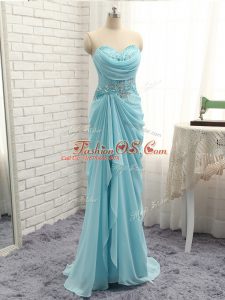 Floor Length Baby Blue Celebrity Inspired Dress Chiffon Sleeveless Beading and Ruching