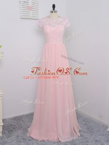 Extravagant Cap Sleeves Chiffon Floor Length Zipper Quinceanera Court of Honor Dress in Baby Pink with Lace