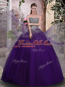 Purple Sleeveless Floor Length Beading Lace Up 15 Quinceanera Dress