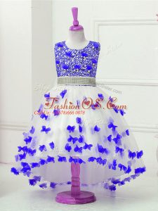 Blue And White Scoop Zipper Appliques and Sequins Little Girl Pageant Gowns Sleeveless