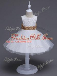 Knee Length Zipper Kids Formal Wear White for Wedding Party with Lace and Bowknot
