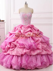 Great Rose Pink Ball Gowns Beading and Ruffles and Pick Ups Ball Gown Prom Dress Lace Up Organza and Taffeta Sleeveless Floor Length