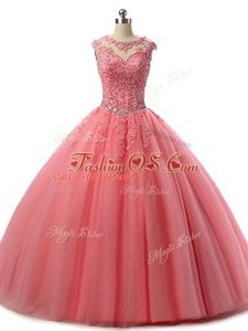 Floor Length Lace Up Quinceanera Gowns Watermelon Red for Military Ball and Sweet 16 and Quinceanera with Beading and Lace