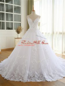 Great White V-neck Neckline Lace and Appliques Wedding Gown Sleeveless Lace Up