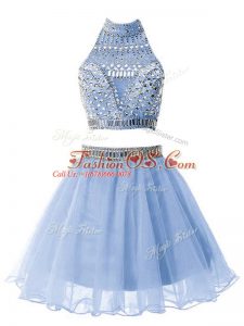Light Blue Sleeveless Beading Knee Length Vestidos de Damas