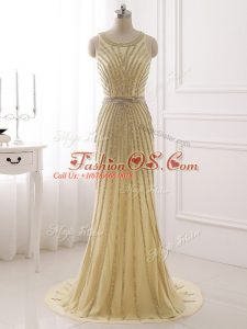 Scoop Sleeveless Chiffon Evening Gowns Beading and Belt Brush Train Zipper