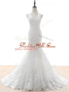 Sleeveless Brush Train Beading and Lace and Appliques Zipper Wedding Gown