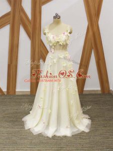 Custom Designed Sleeveless Floor Length Hand Made Flower Lace Up Prom Dresses with Champagne