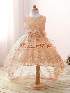 Champagne Tulle Zipper Scoop Sleeveless High Low Pageant Gowns For Girls Lace and Bowknot and Hand Made Flower