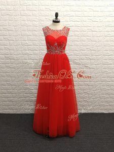 Red Sleeveless Floor Length Beading Backless Hoco Dress