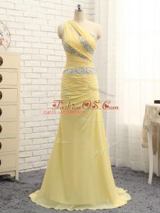 Artistic Yellow One Shoulder Neckline Beading and Ruching Party Dress for Toddlers Sleeveless Zipper