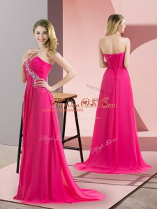 Beauteous Hot Pink Column/Sheath Sweetheart Sleeveless Chiffon Floor Length Lace Up Beading Evening Dress