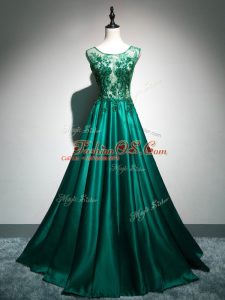 Customized Scoop Sleeveless Brush Train Backless Party Dresses Dark Green Elastic Woven Satin