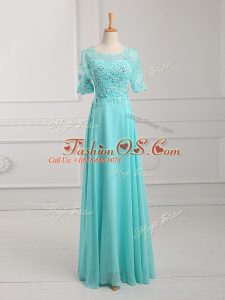 Flare Floor Length Aqua Blue Mother Of The Bride Dress Chiffon Half Sleeves Lace and Appliques
