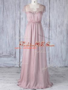 Pink Short Sleeves Lace Floor Length Bridesmaid Dress